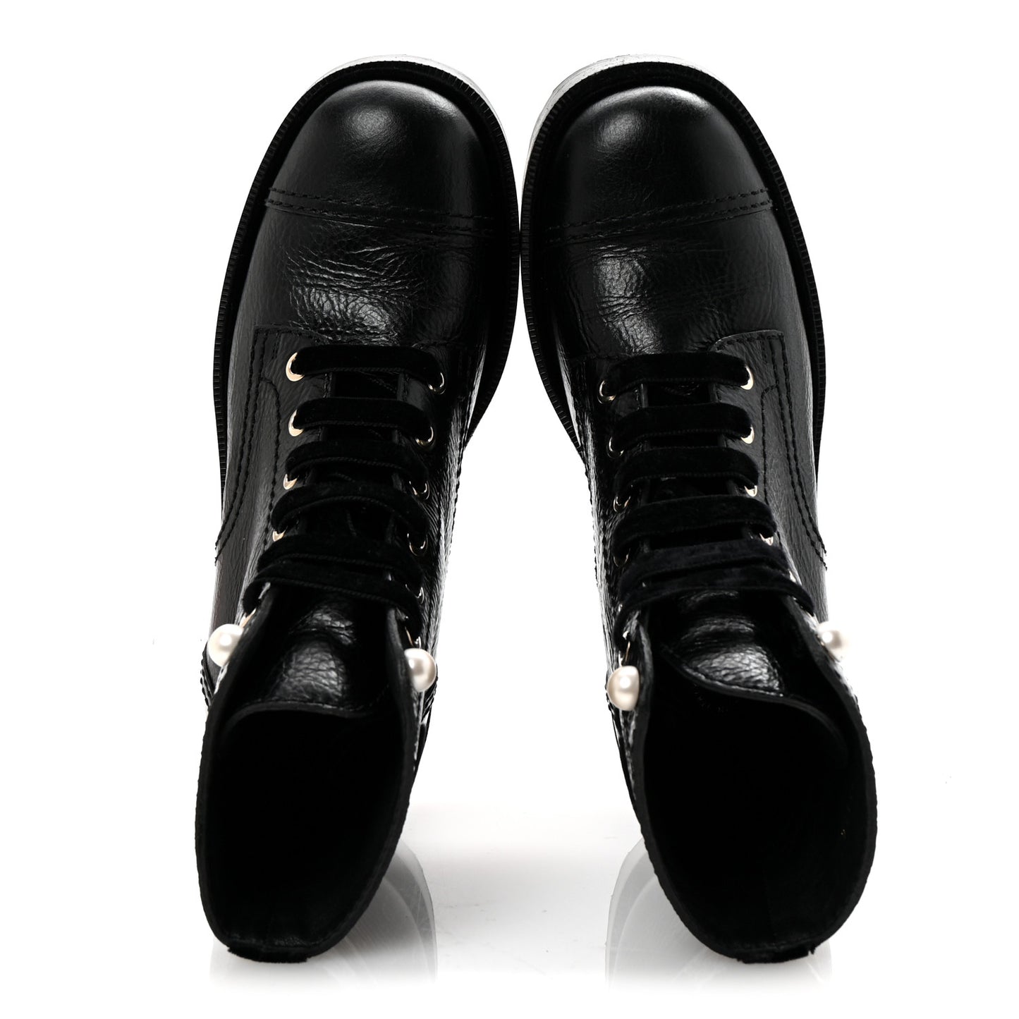 Shiny Calfskin Velvet Pearl Combat Short Boots 37 Black