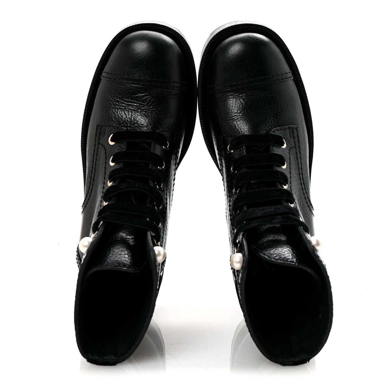 Chanel Shiny Calfskin Velvet Pearl Combat Short Boots 37 Black 2 of 10