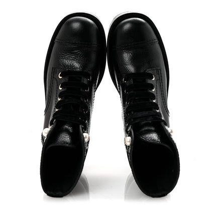 Chanel Shiny Calfskin Velvet Pearl Combat Short Boots 37 Black 2 of 10