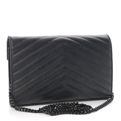 Saint Laurent Grain De Poudre Matelasse Chevron Monogram Chain Wallet Black 3 of 14