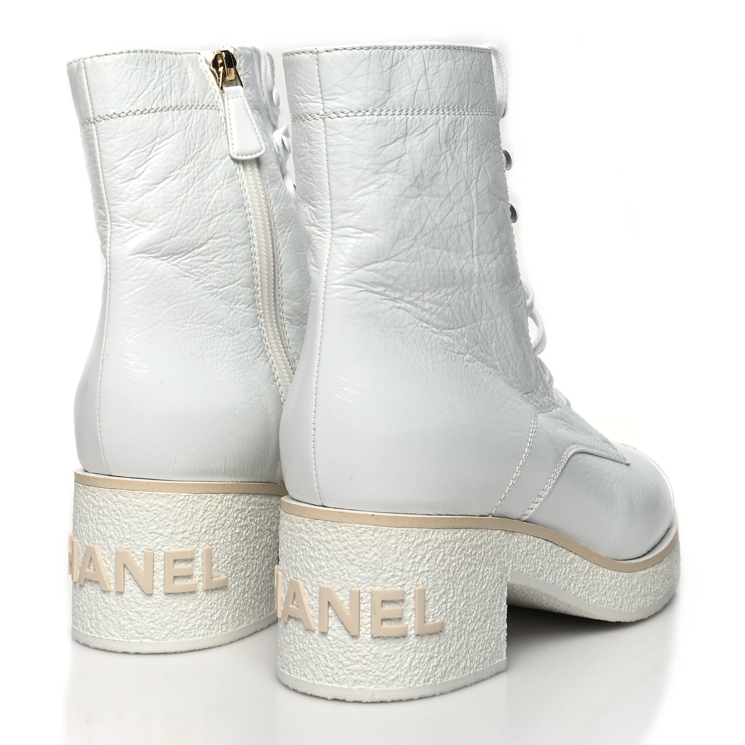 Chanel Shiny Crumpled Lambskin Lace Up Combat Boots 41 White 4 of 8