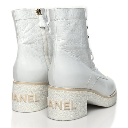 Chanel Shiny Crumpled Lambskin Lace Up Combat Boots 41 White 4 of 8