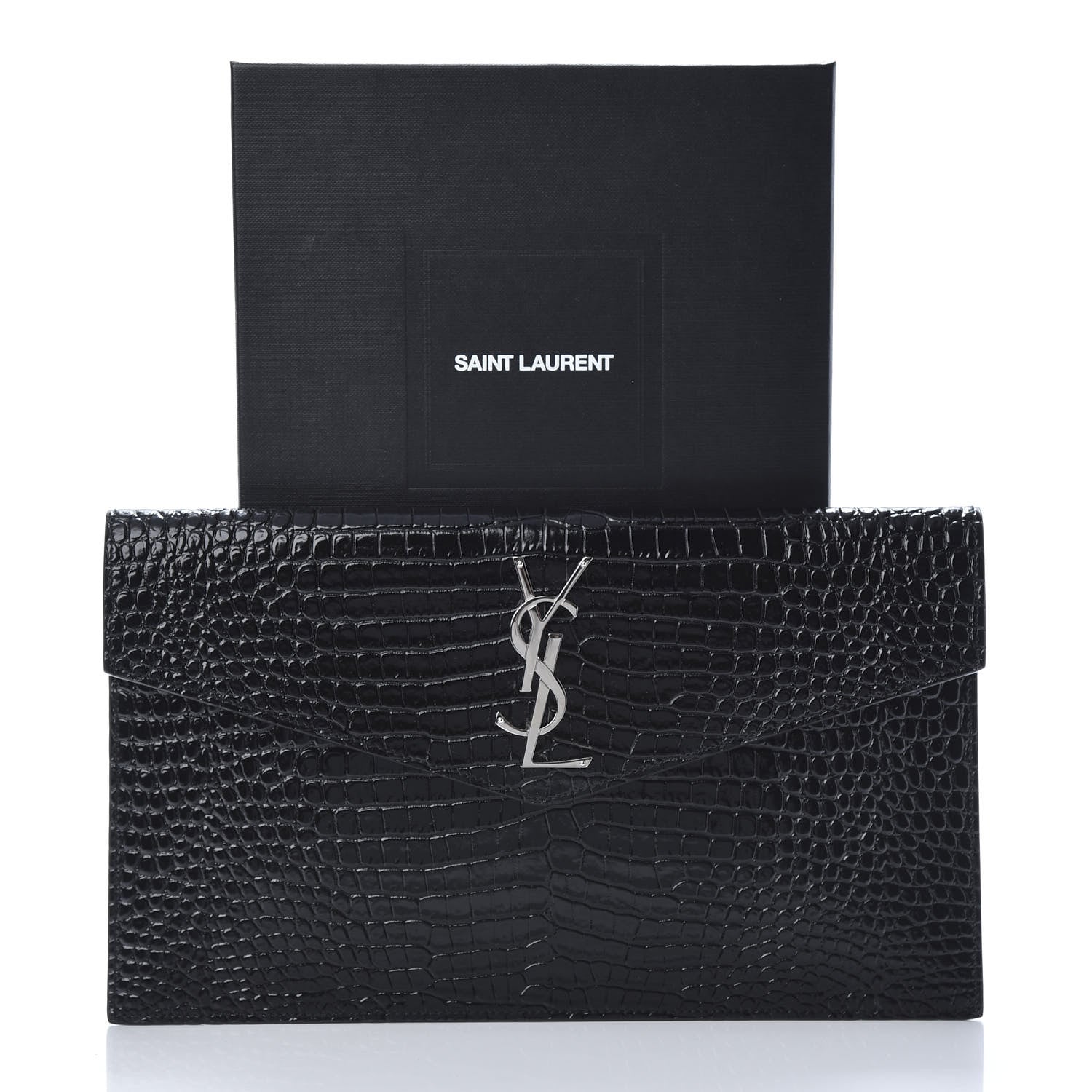 Saint Laurent Calfskin Crocodile Embossed Uptown Monogram Clutch Black 8 of 8