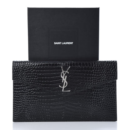 Saint Laurent Calfskin Crocodile Embossed Uptown Monogram Clutch Black 8 of 8