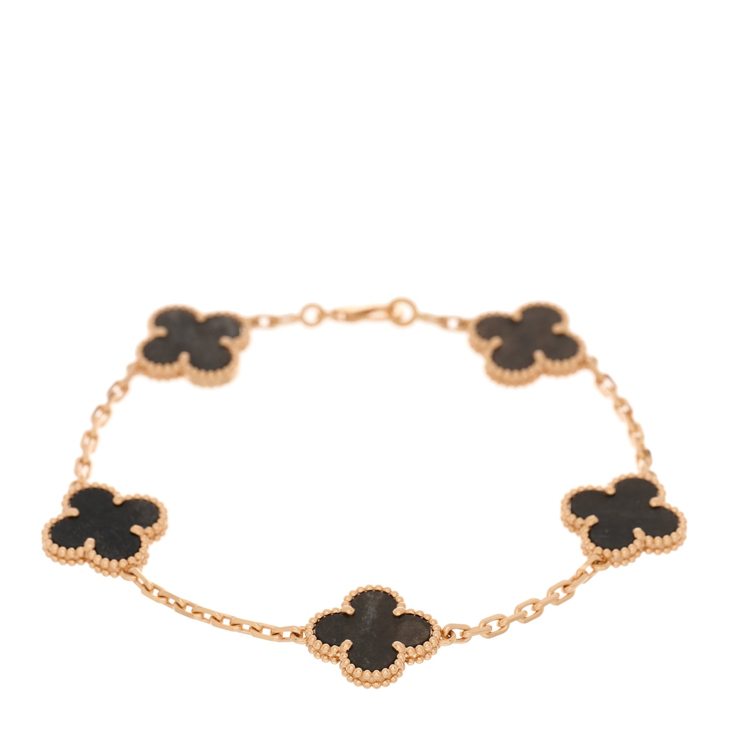 18K Rose Gold Silver Obsidian 5 Motifs Vintage Alhambra Bracelet