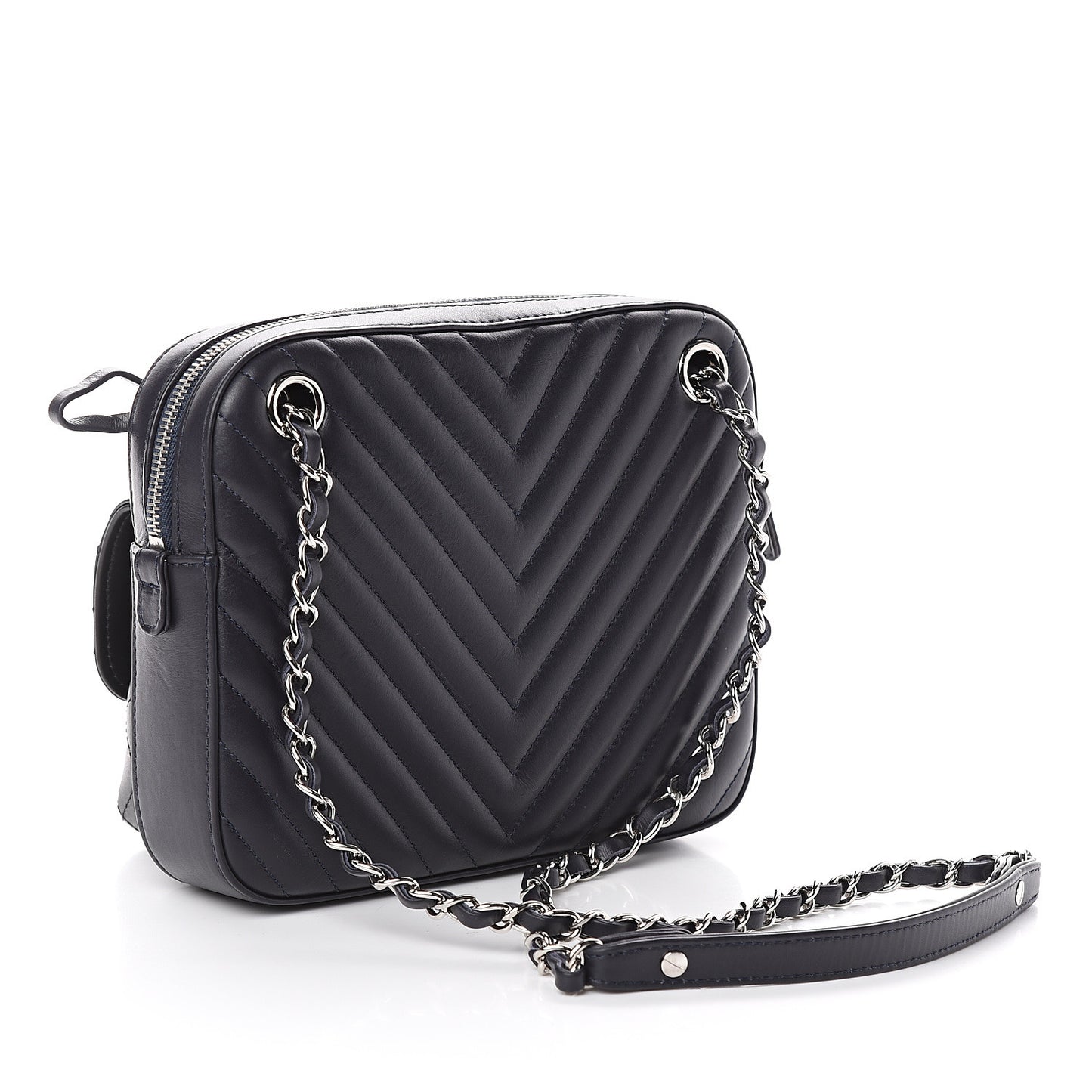 Calfskin Chevron Quilted Double Camera Bag With Flap Black