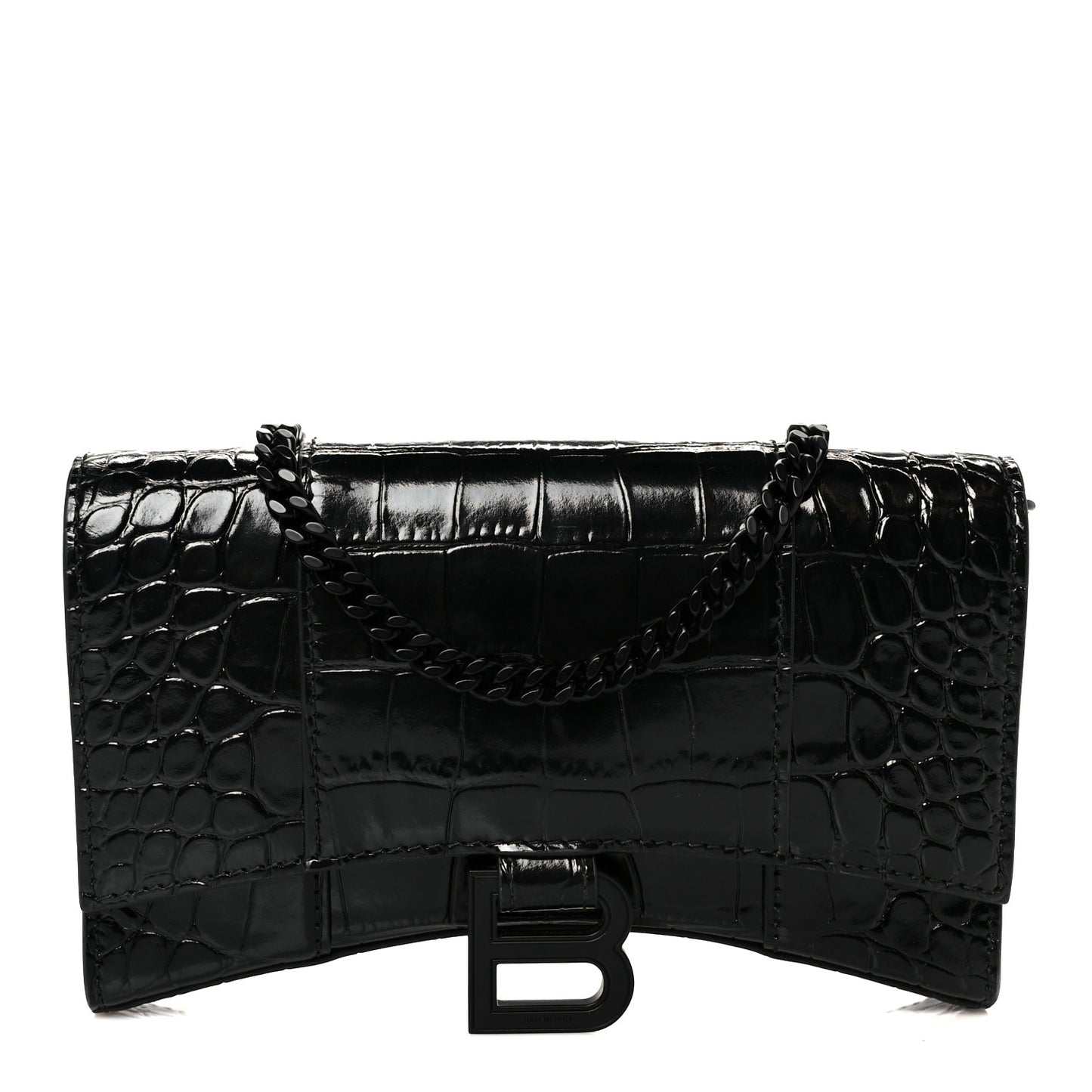 Shiny Calfskin Monochrome Crocodile Embossed Hourglass Chain Bag Black