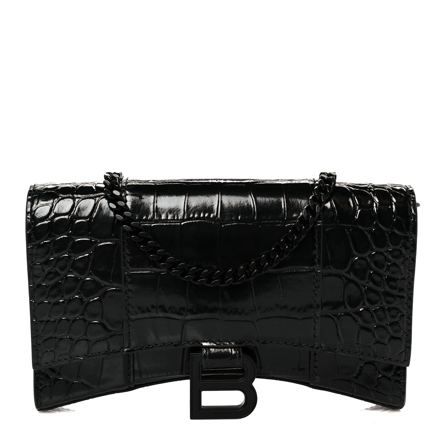 Balenciaga Shiny Calfskin Monochrome Crocodile Embossed Hourglass Chain Bag Black 1 of 11