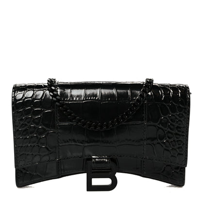Balenciaga Shiny Calfskin Monochrome Crocodile Embossed Hourglass Chain Bag Black 1 of 11
