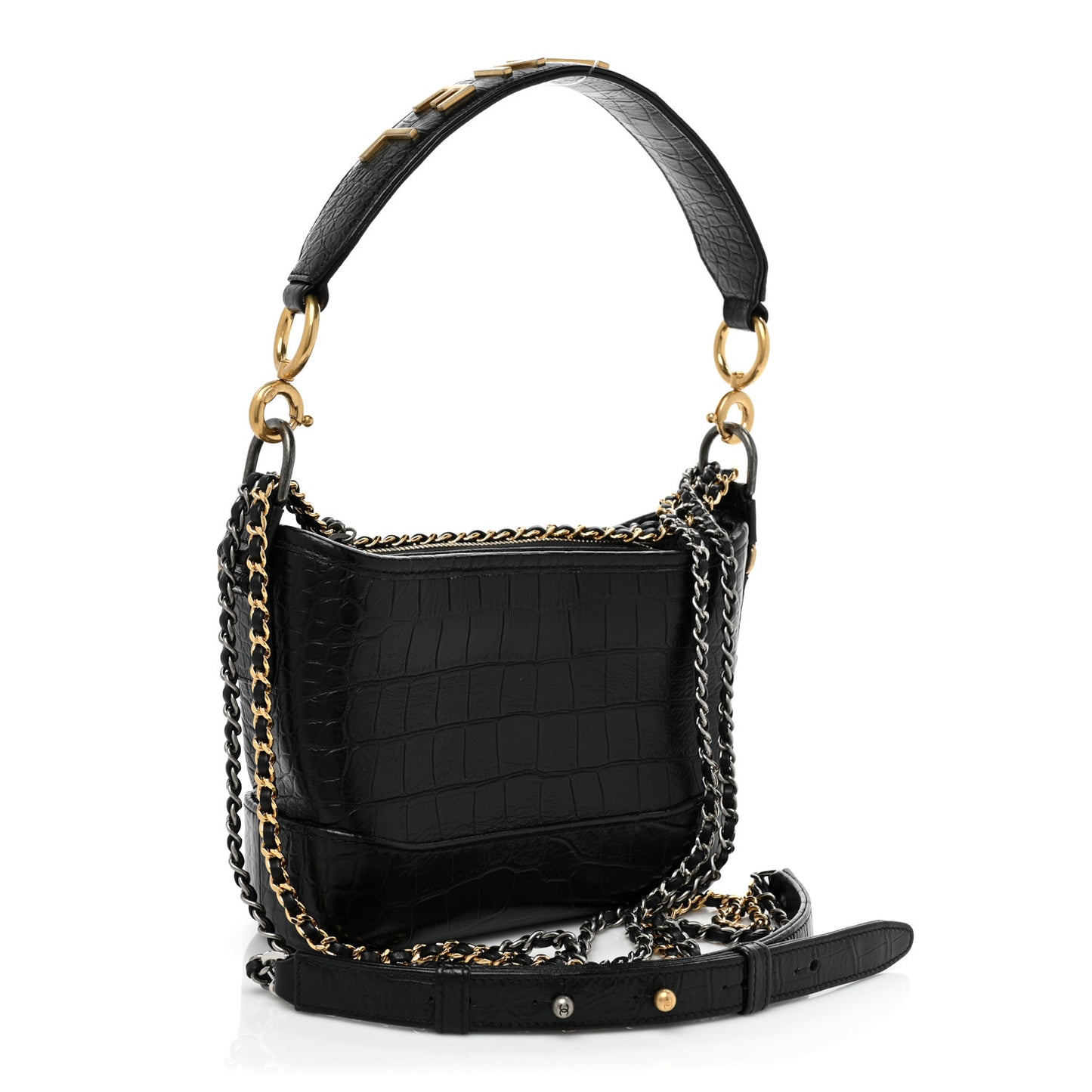 Calfskin Crocodile Embossed Small Gabrielle Cocodile Hobo Black