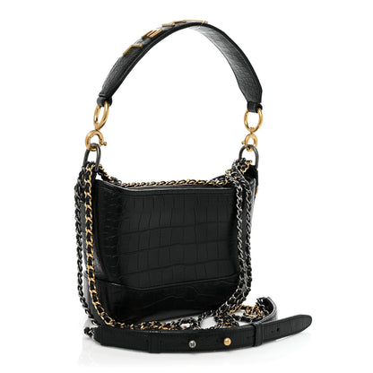 Chanel Calfskin Crocodile Embossed Small Gabrielle Cocodile Hobo Black 2 of 9