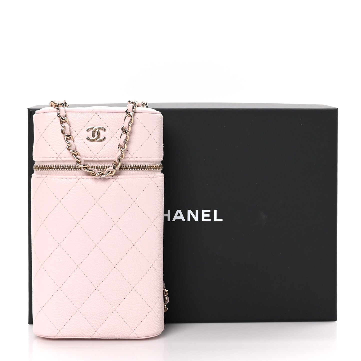 Caviar Quilted Phone Holder With Chain Light Pink