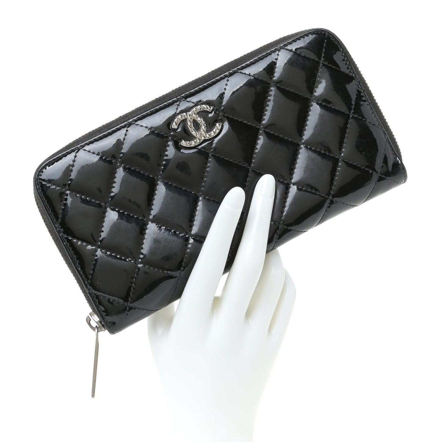 Patent Quilted Brilliant Zip Around Wallet Black