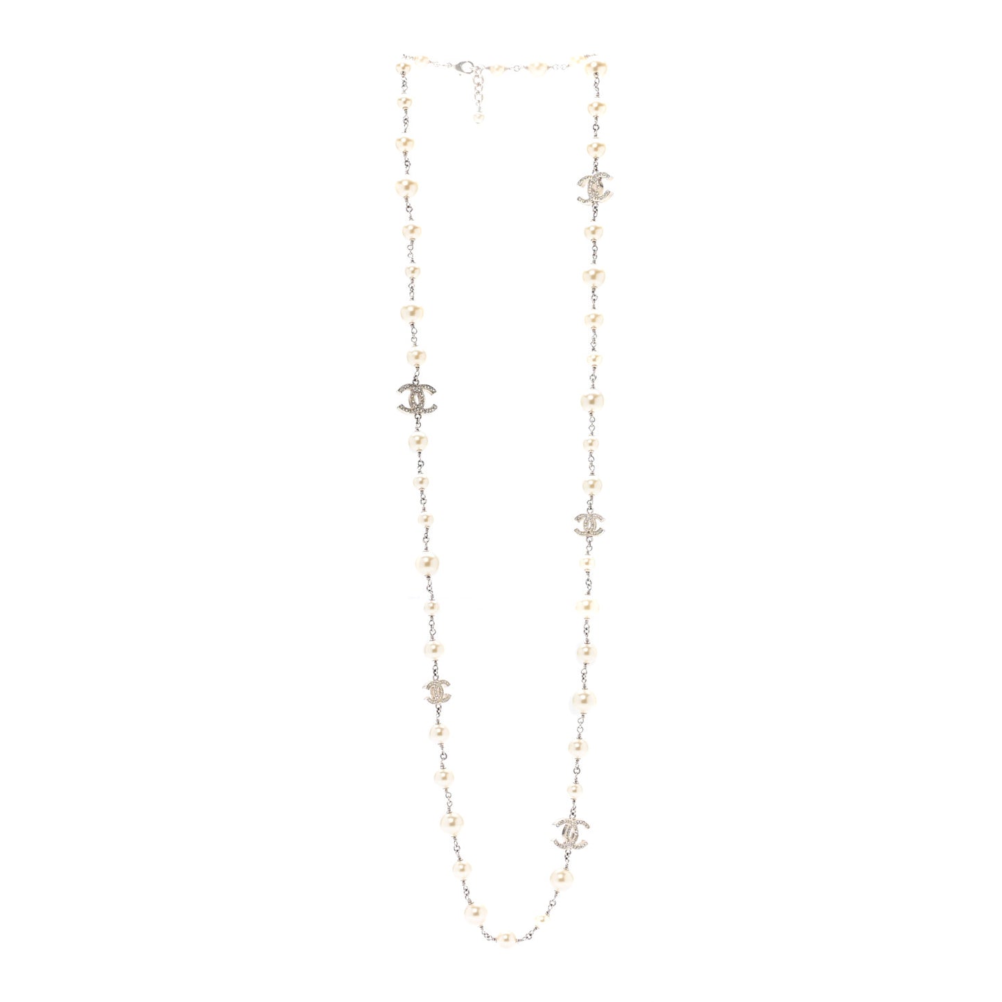 Crystal Pearl CC Long Necklace Silver