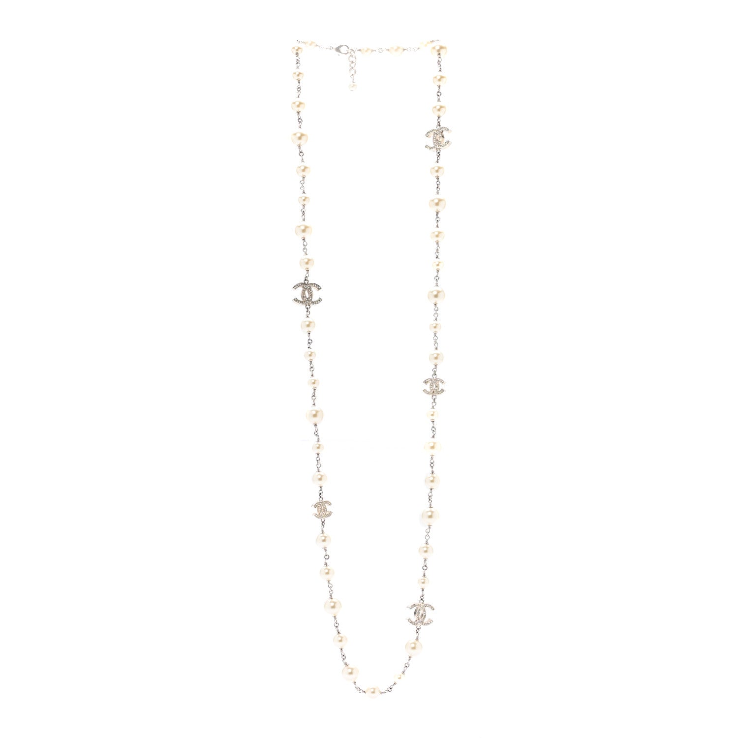 Chanel Crystal Pearl CC Long Necklace Silver 3 of 8