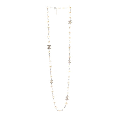 Chanel Crystal Pearl CC Long Necklace Silver 3 of 8