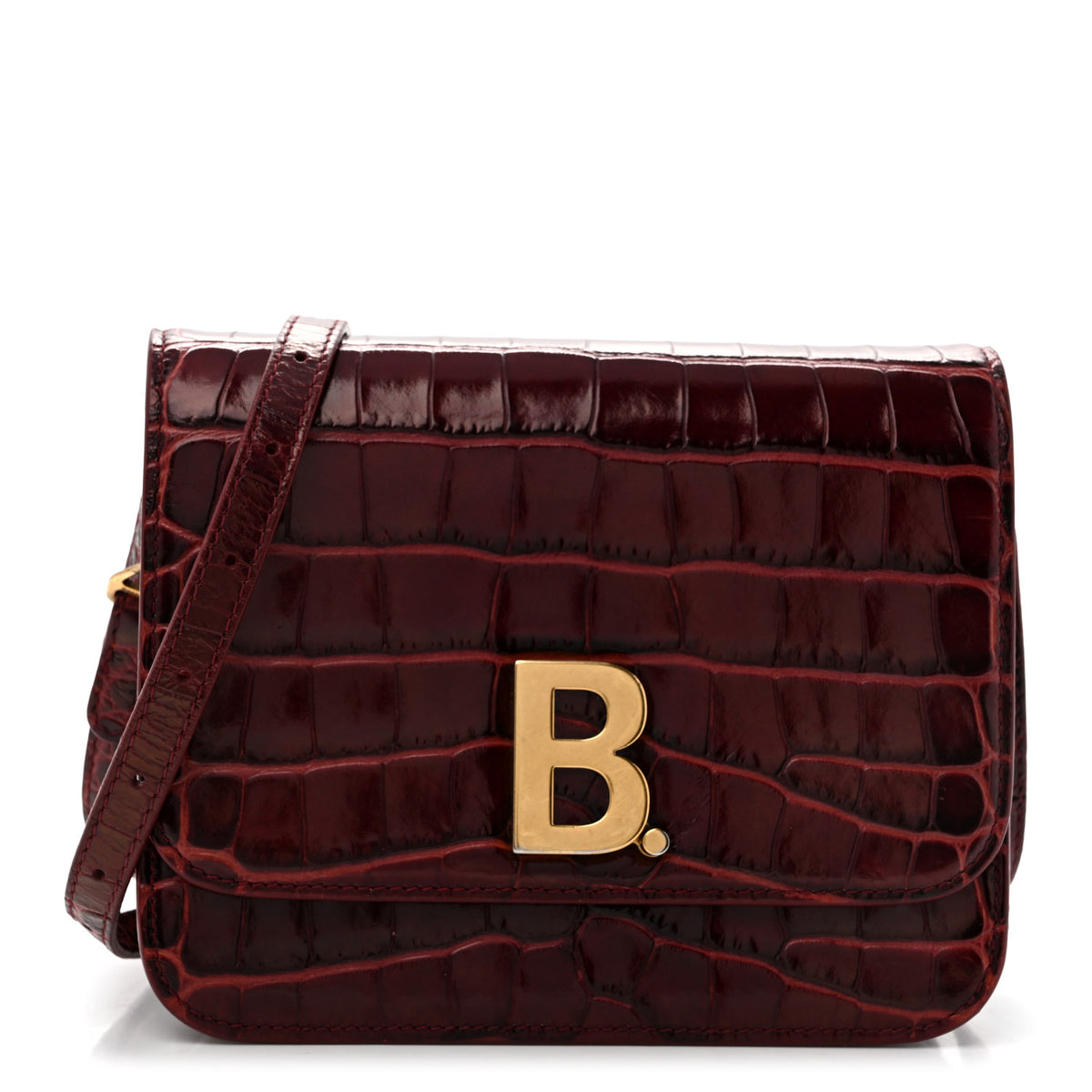 Shiny Calfskin Crocodile Embossed Small B Crossbody Bag Dark Red