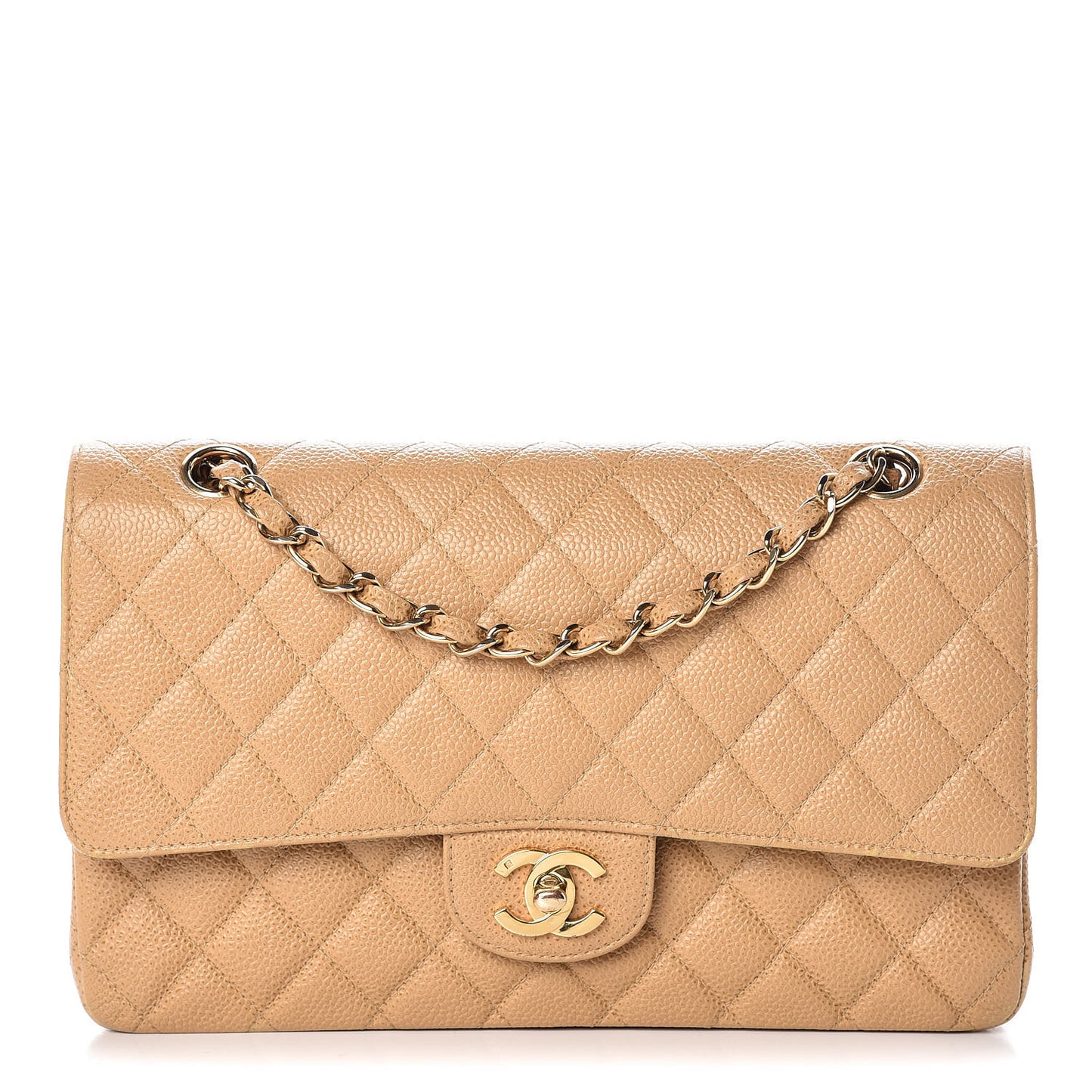 Caviar Quilted Medium Double Flap Beige