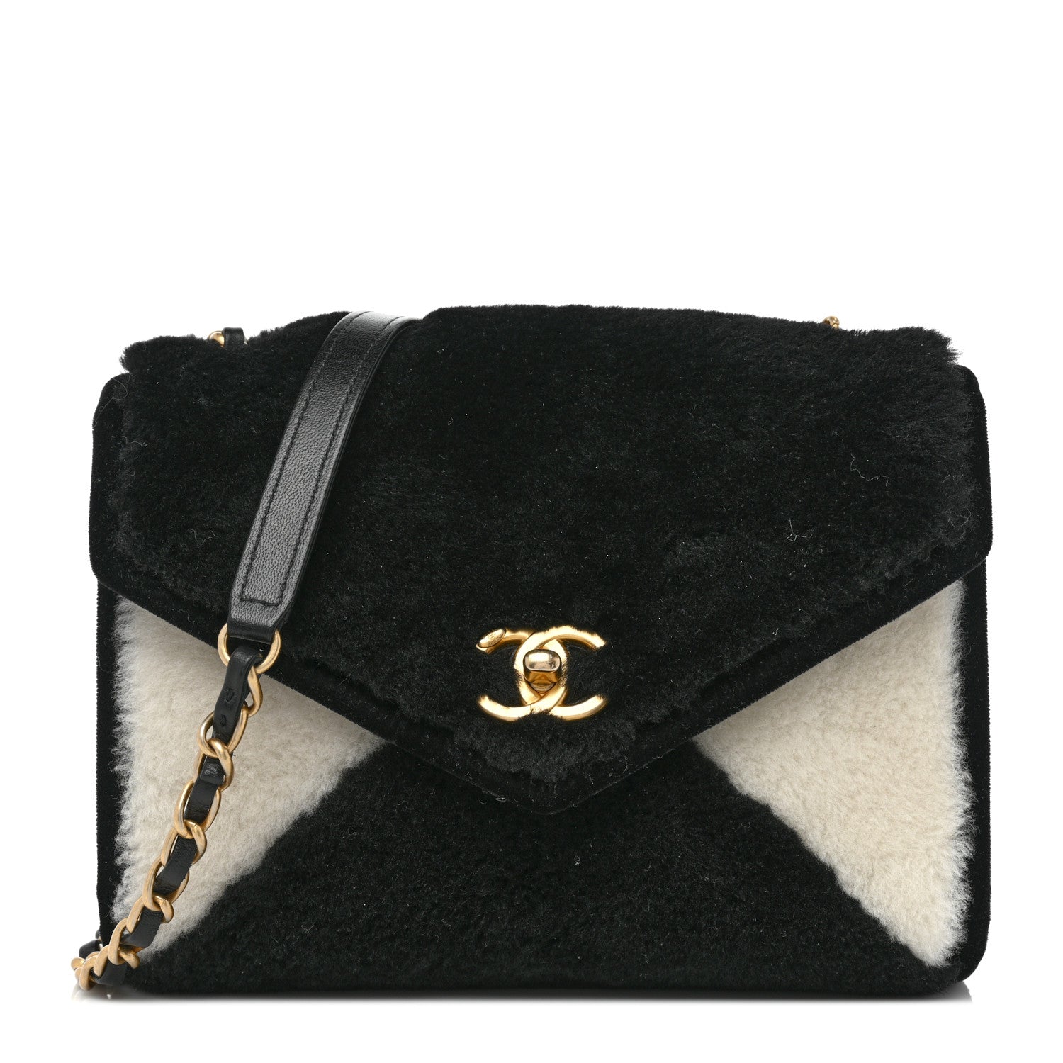 Chanel Shearling Checkered Flap Bag Black White 1 of 14