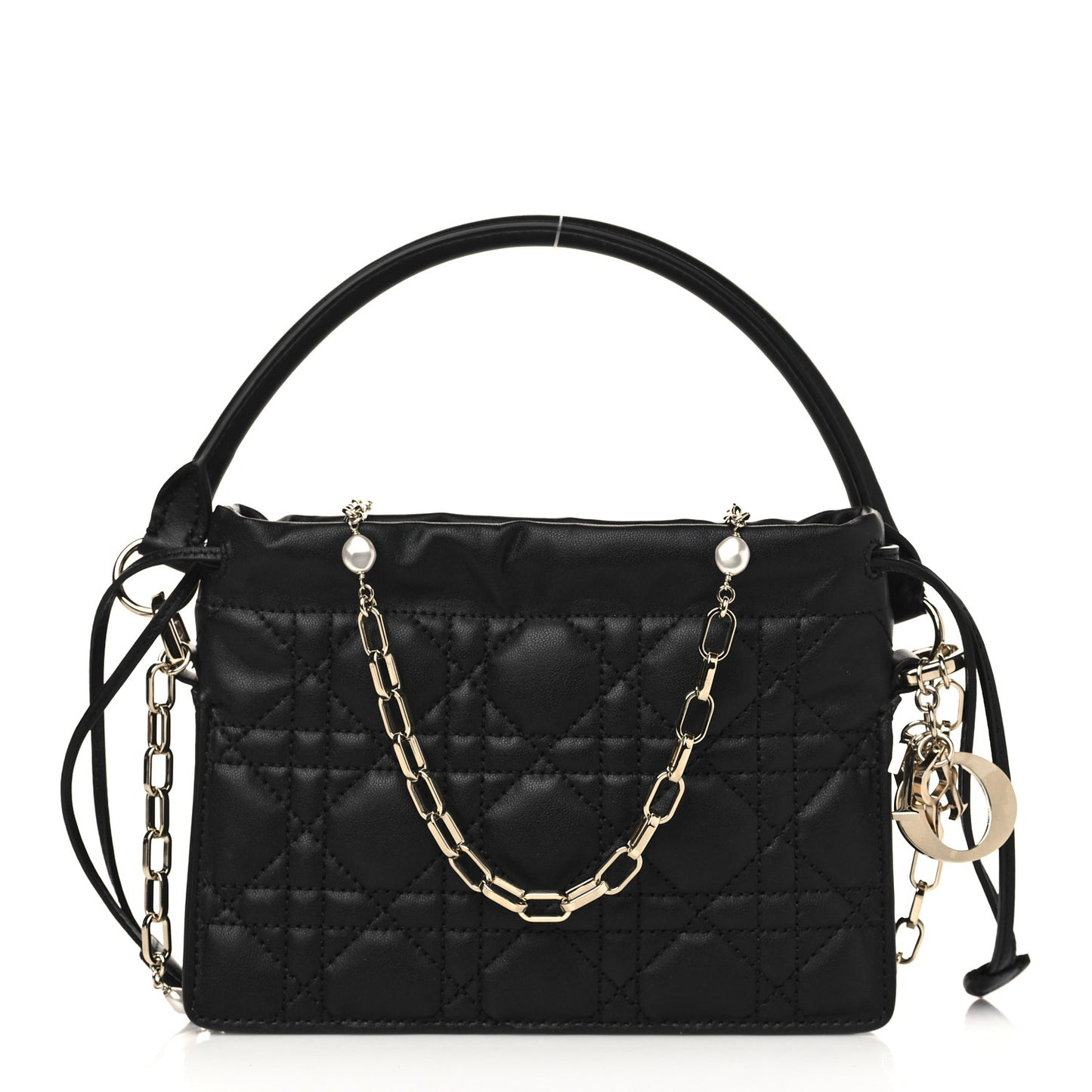 Lambskin Cannage Mini Top Handle Drawstring Bag Black