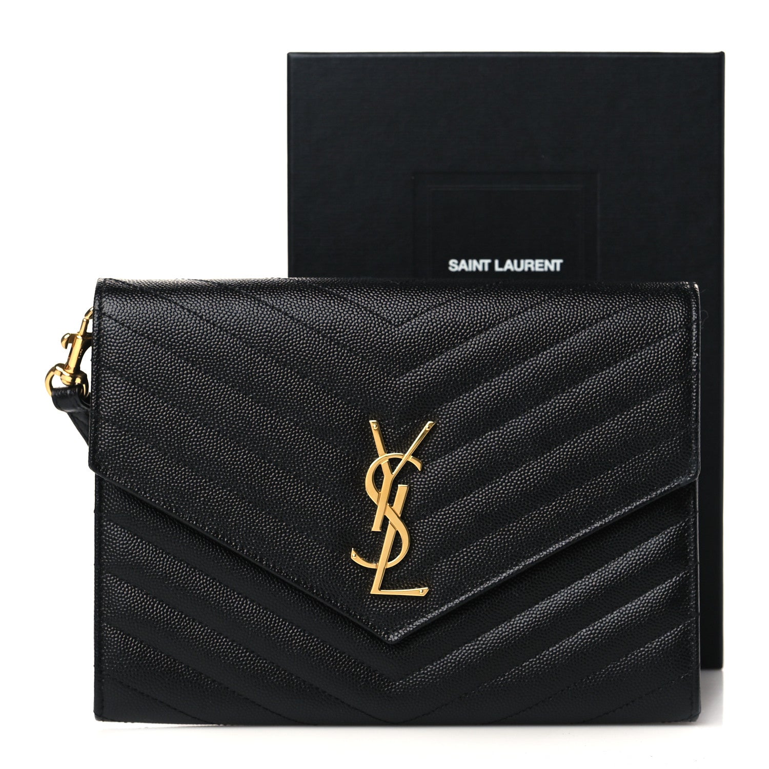 Saint Laurent Grain De Poudre Matelasse Chevron Monogram Envelope Clutch Black 9 of 9