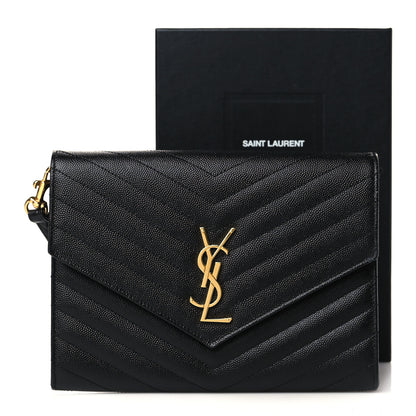 Saint Laurent Grain De Poudre Matelasse Chevron Monogram Envelope Clutch Black 9 of 9