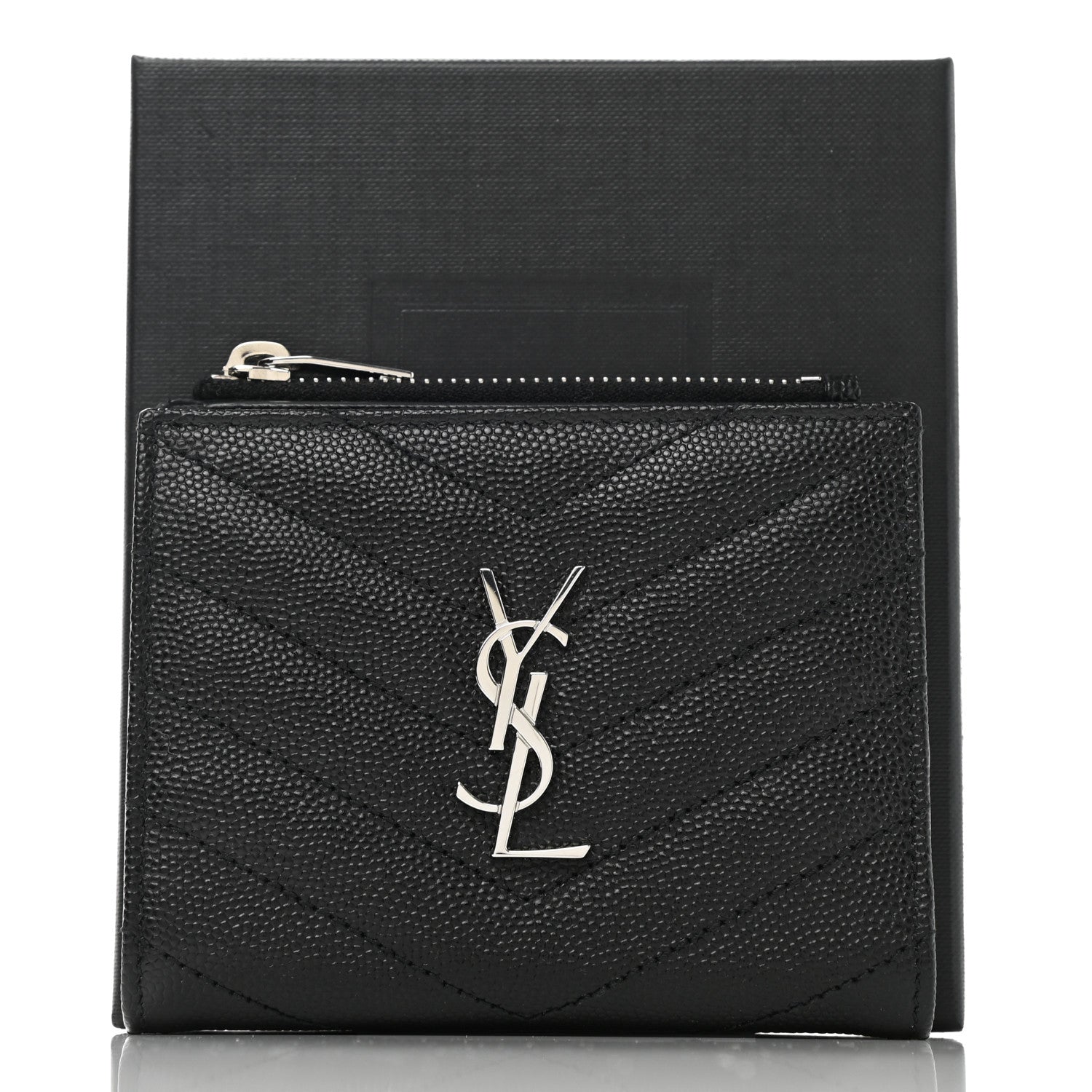 Saint Laurent Grain De Poudre Matelasse Chevron Monogram Zipped Card Case Black 8 of 8