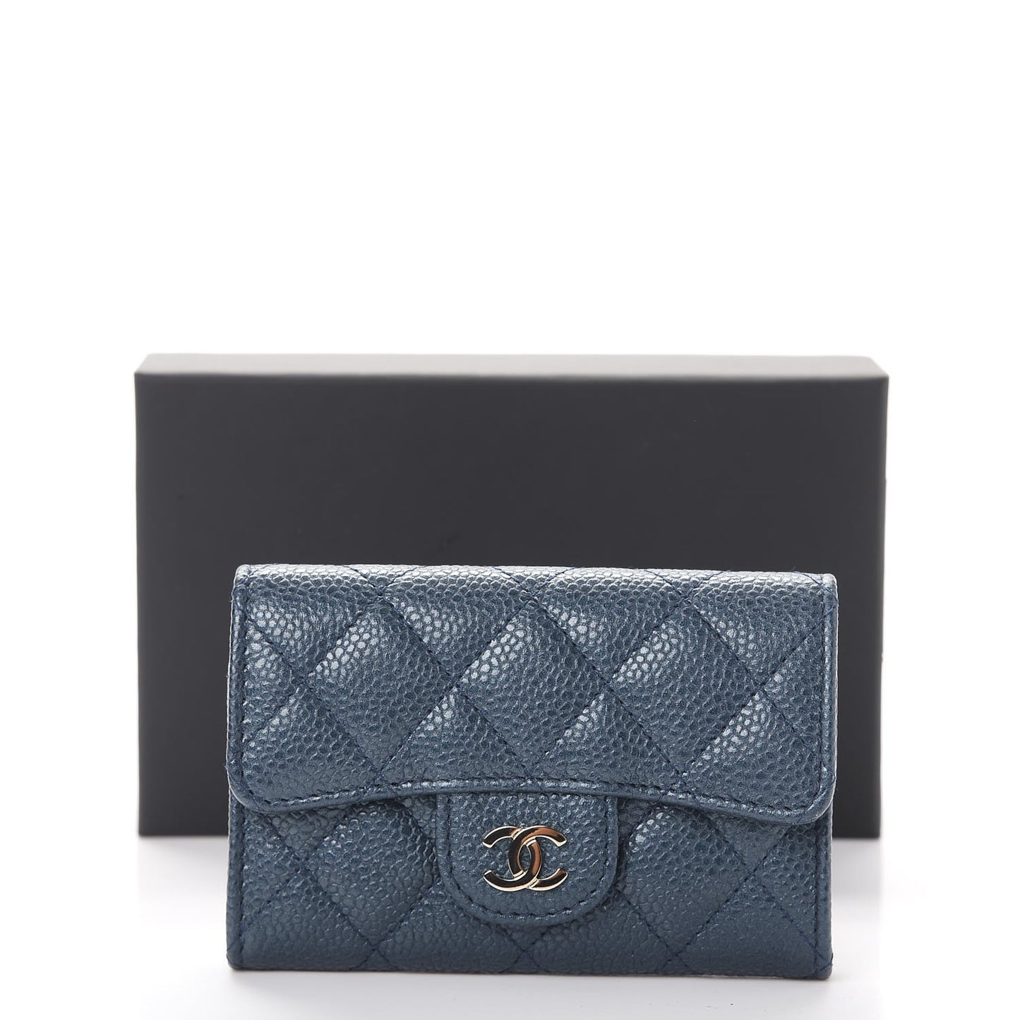 Caviar Quilted Card Holder Wallet Dark Blue