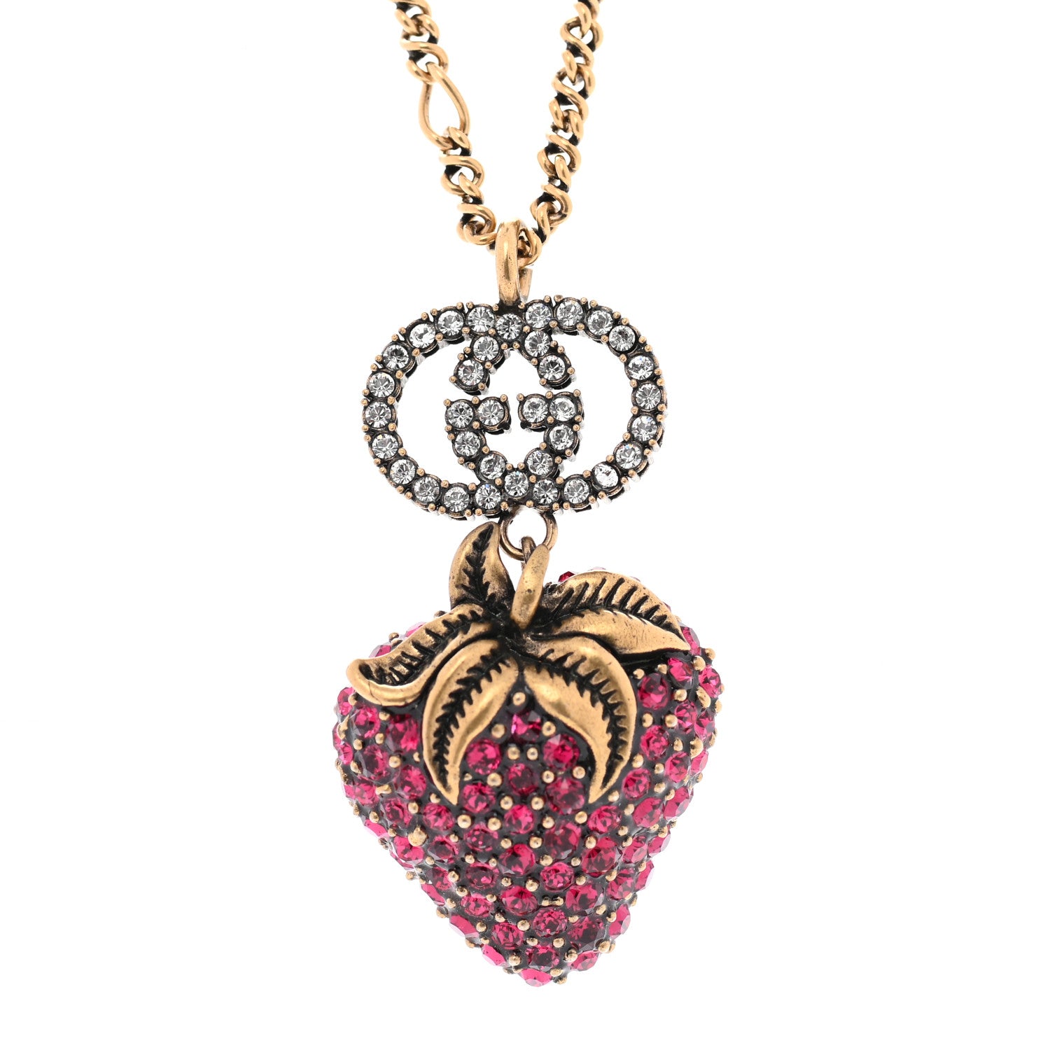 Gucci Crystal Embellished Strawberry Necklace Red Aged Gold 4 of 7
