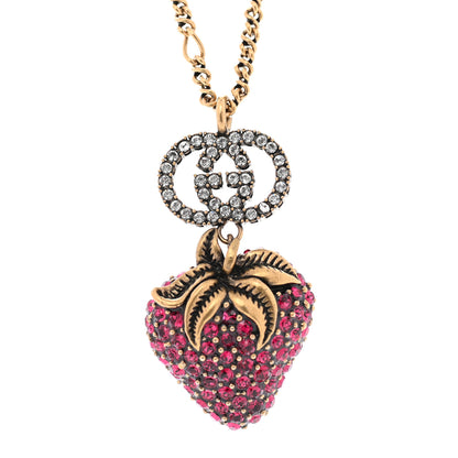 Gucci Crystal Embellished Strawberry Necklace Red Aged Gold 4 of 7