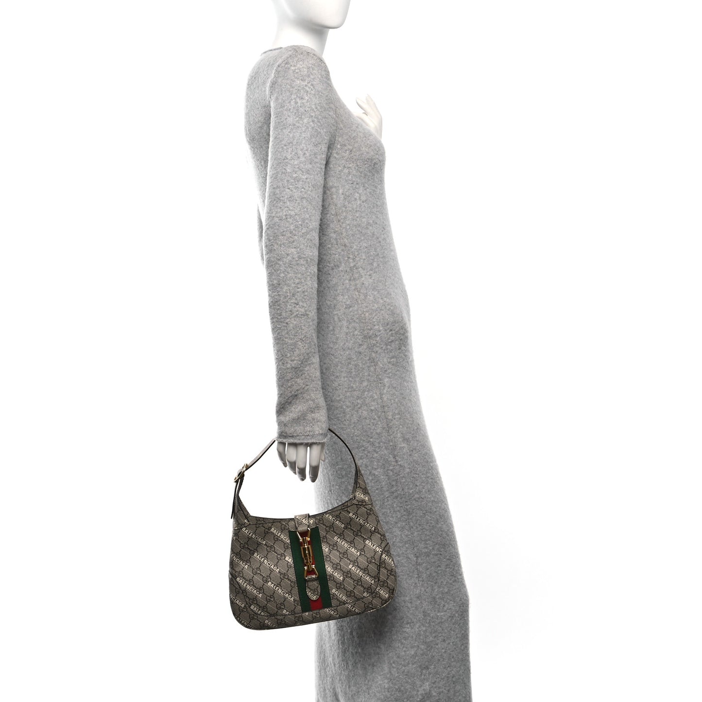 X BALENCIAGA GG Supreme Monogram Striped Logo Print Web Small Jackie 1961 Hobo Beige Ebony Mystic White