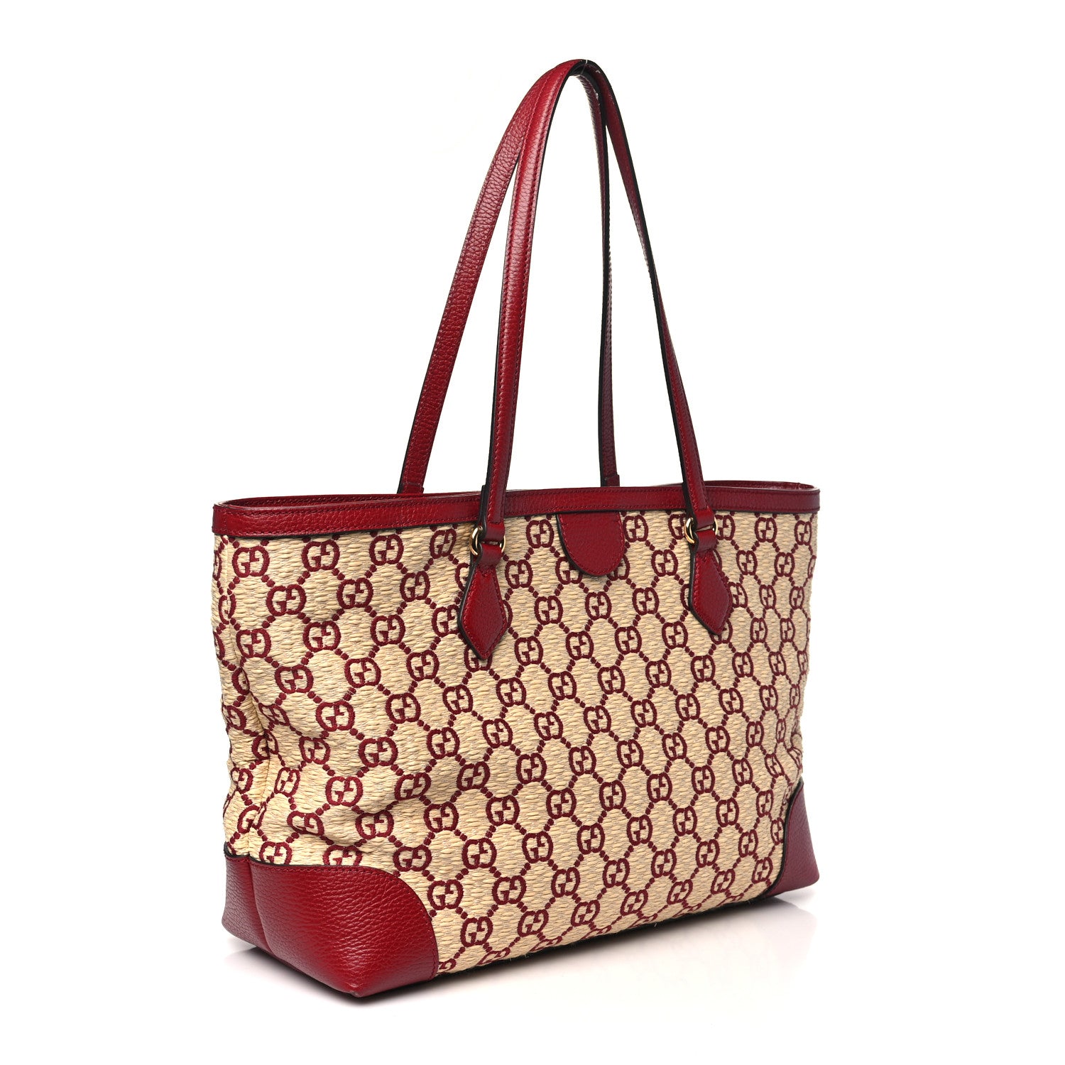 Gucci Straw Jacquard Dollar Calfskin GG Monogram Medium Ophidia Shopping Tote Natural New Cherry Red 3 of 13
