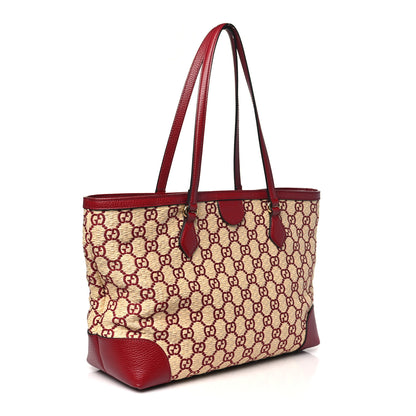 Gucci Straw Jacquard Dollar Calfskin GG Monogram Medium Ophidia Shopping Tote Natural New Cherry Red 3 of 13