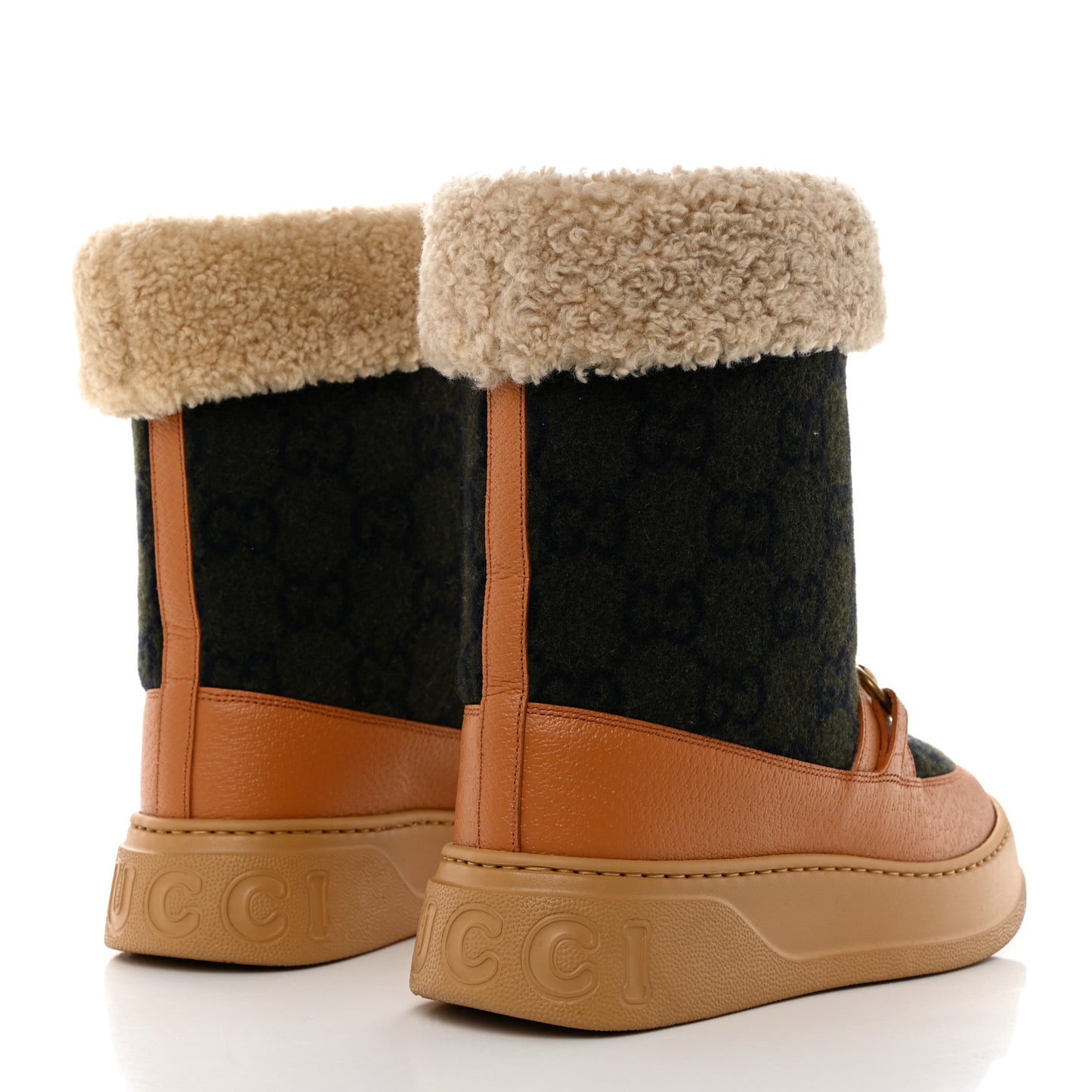 Covered Wool Monogram Textured Dollar Calfskin Shearling Horsebit Snow Boots 38.5 Underwood Blue Hazel Brown