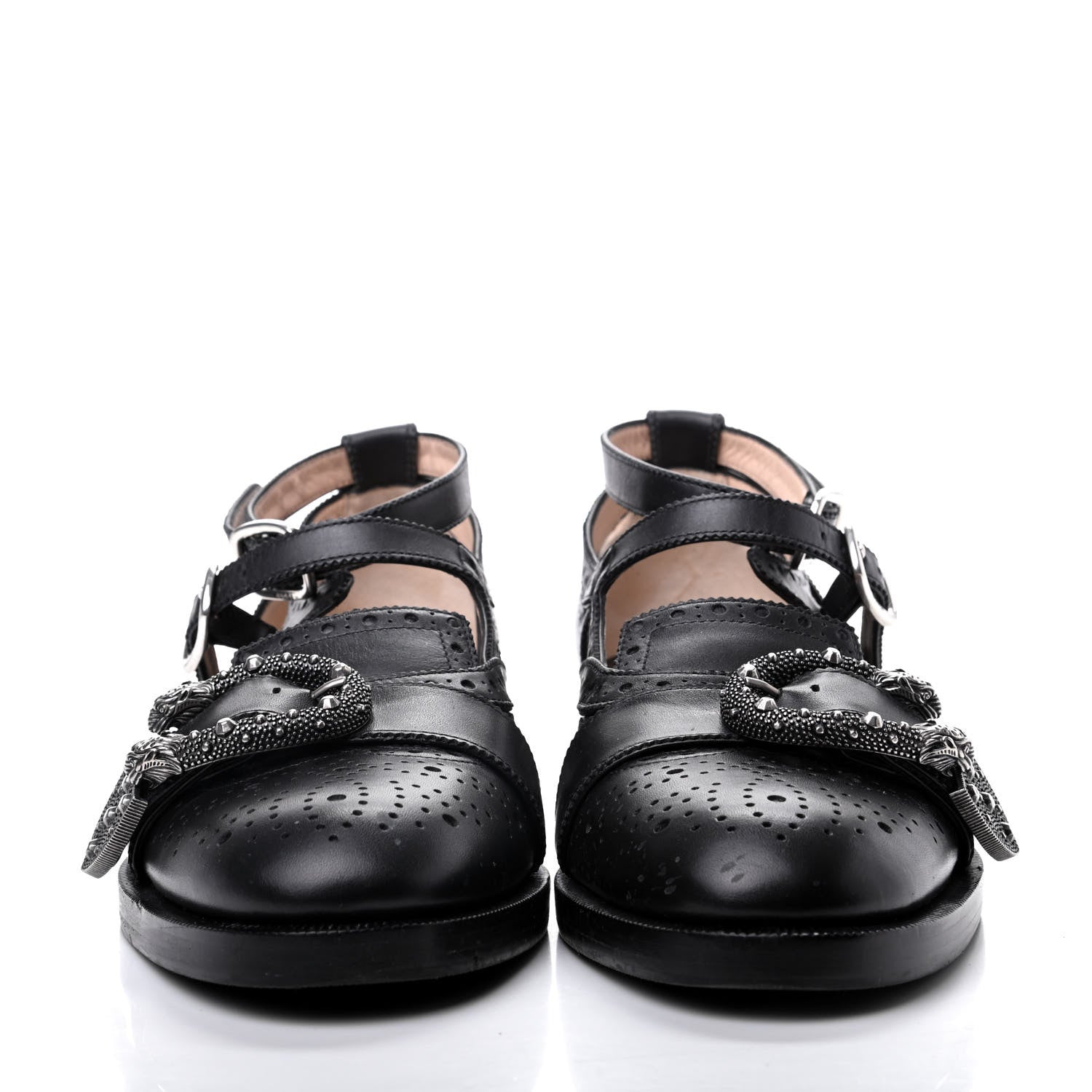 Gucci Calfskin Bee Embroidered Womens Queercore Brogue Wingtip Monk Strap Loafers 39 Black 2 of 13