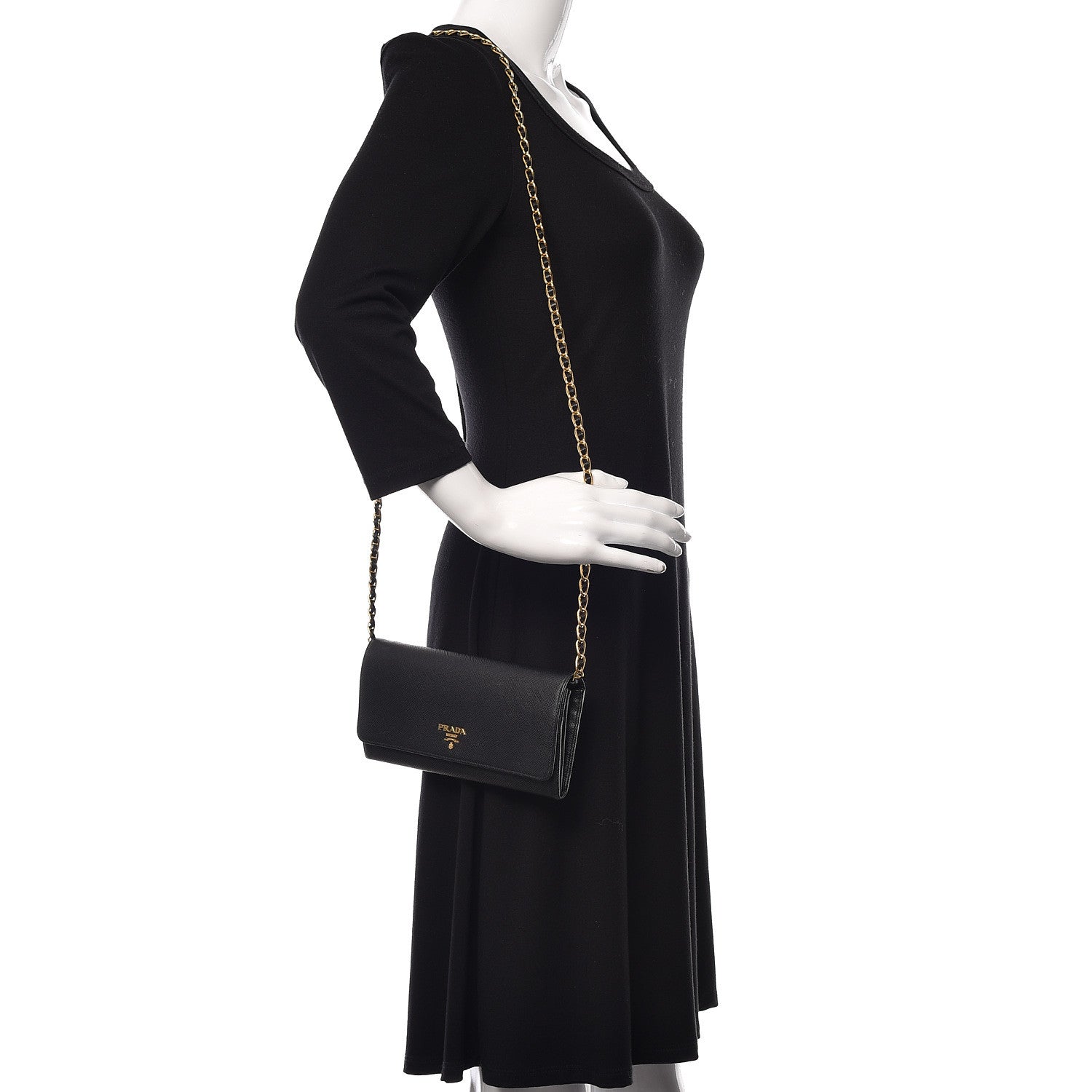 Prada Saffiano Metal Oro Chain Wallet Black 2 of 8