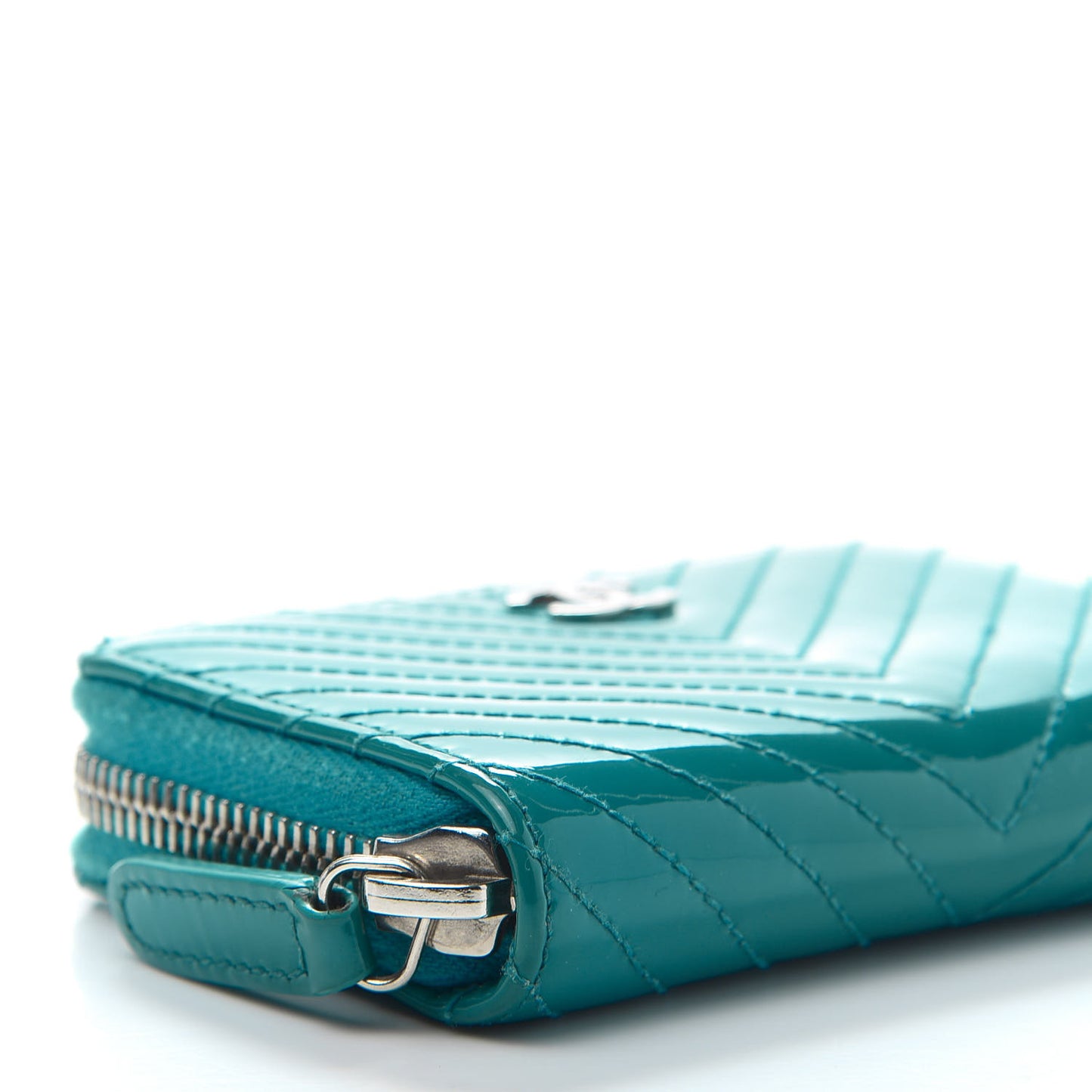Patent Chevron Quilted Zip Around Coin Purse Turquoise