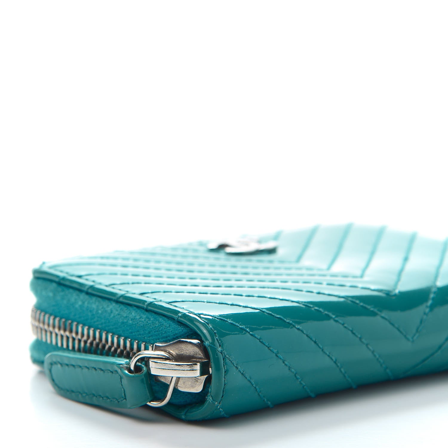 Chanel Patent Chevron Quilted Zip Around Coin Purse Turquoise 8 of 11