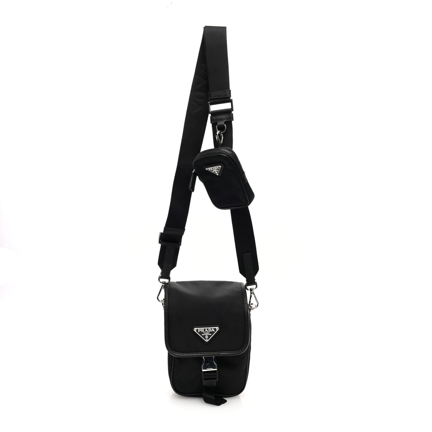 Re-Nylon Saffiano Mini Pocket Single Snap Buckle Messenger Bag Black