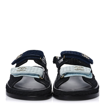 Chanel Knit Fabric Velcro Dad Sandals 40 Black Dark Blue Light Blue 2 of 9