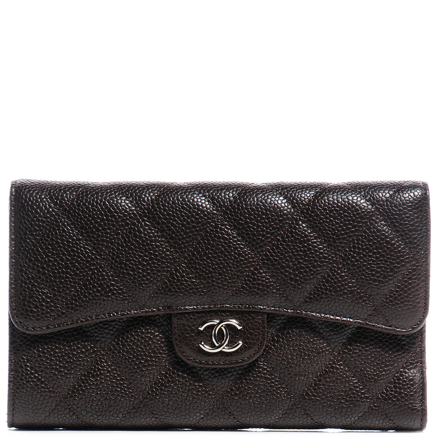 Caviar Quilted Long Flap Wallet Dark Brown