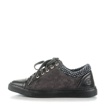 Chanel Suede Calfskin Tweed Low Top Sneakers 37.5 Dark Grey 1 of 9