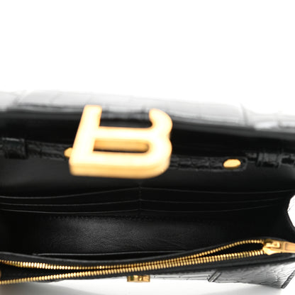 Balenciaga Shiny Calfskin Crocodile Embossed Hourglass Chain Bag Black 4 of 8