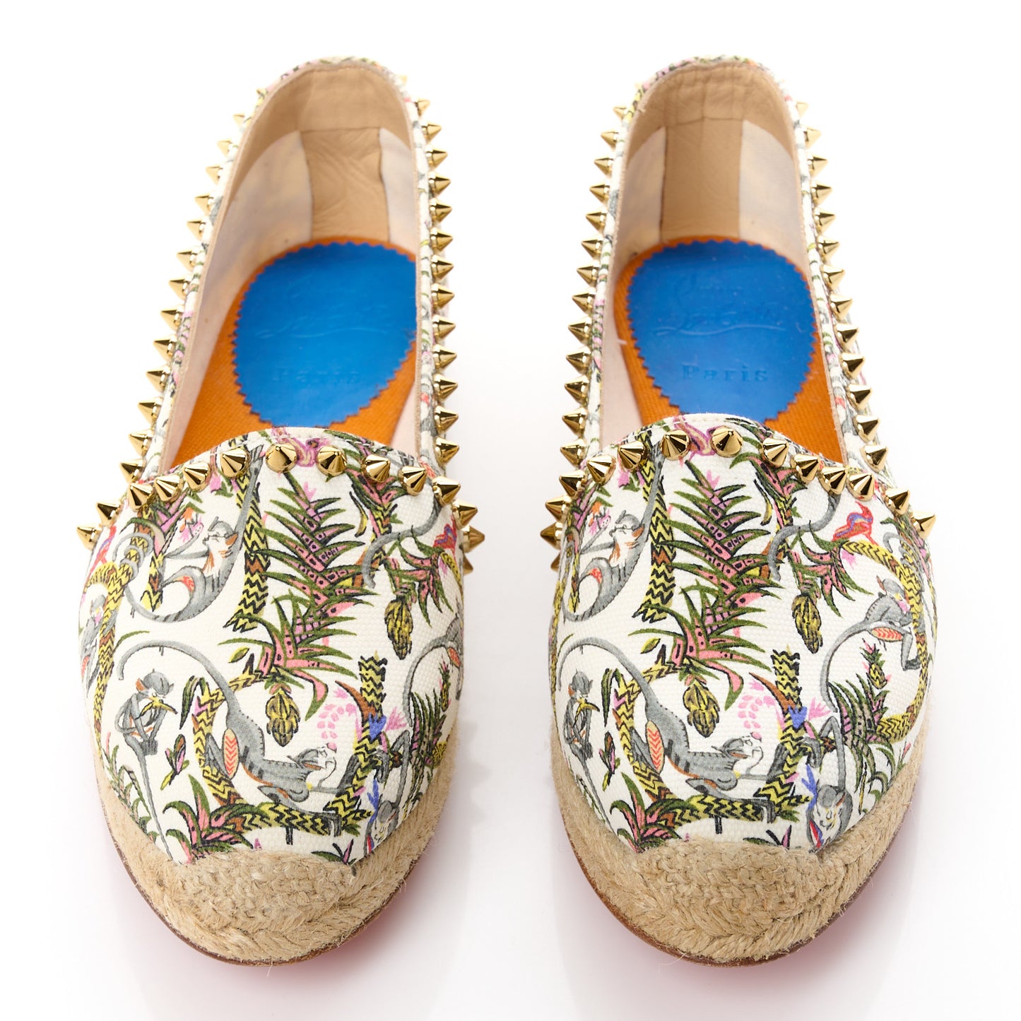 Canvas Loubi Jungle Print Ares Spikes Flat Espadrilles 36 Ivory Gold