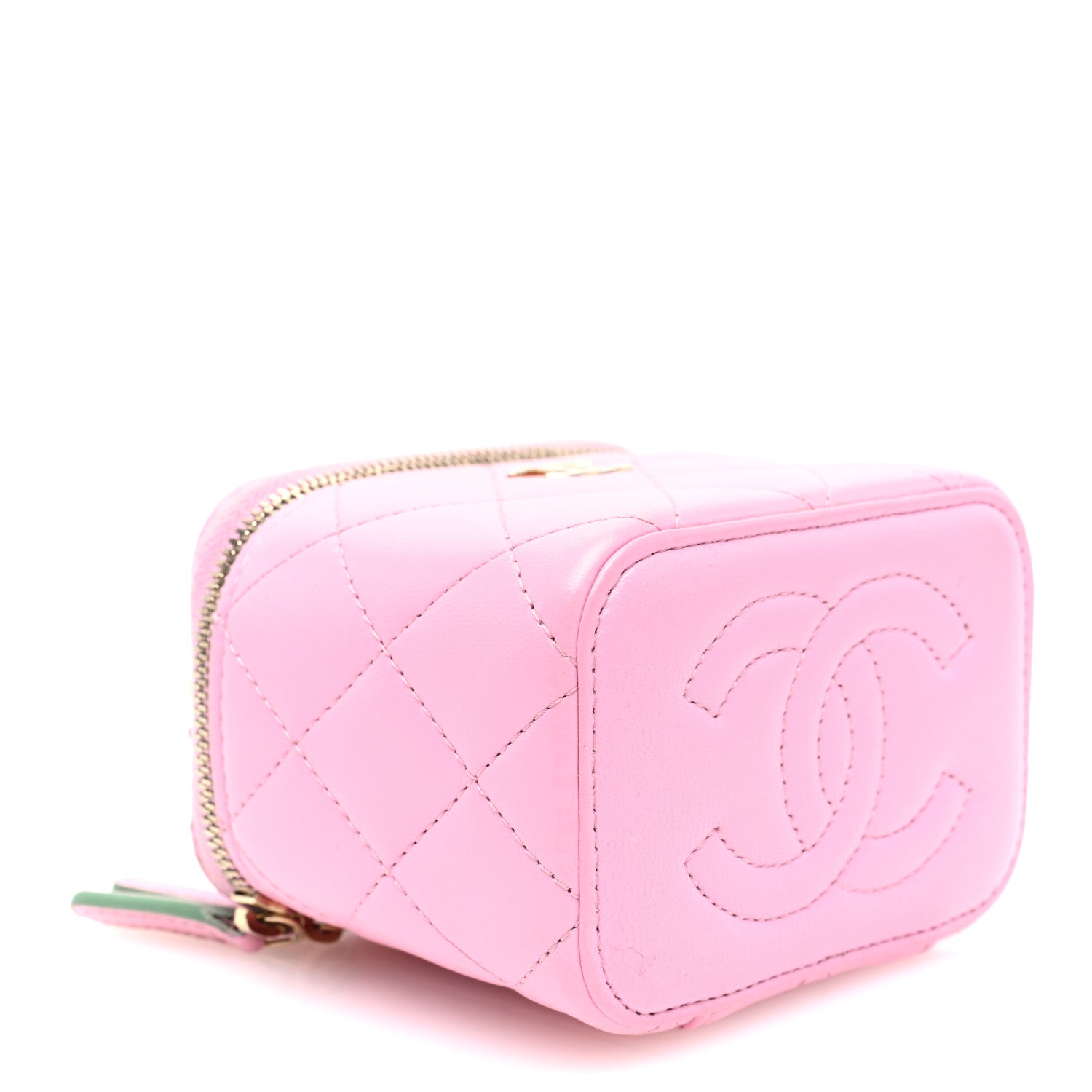 Chanel Lambskin Quilted Top Handle Mini Vanity Case With Chain Pink Green 4 of 10