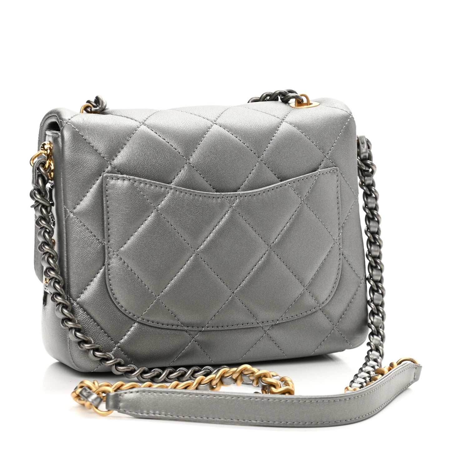 Metallic Lambskin Quilted Small Side Note Flap Grey