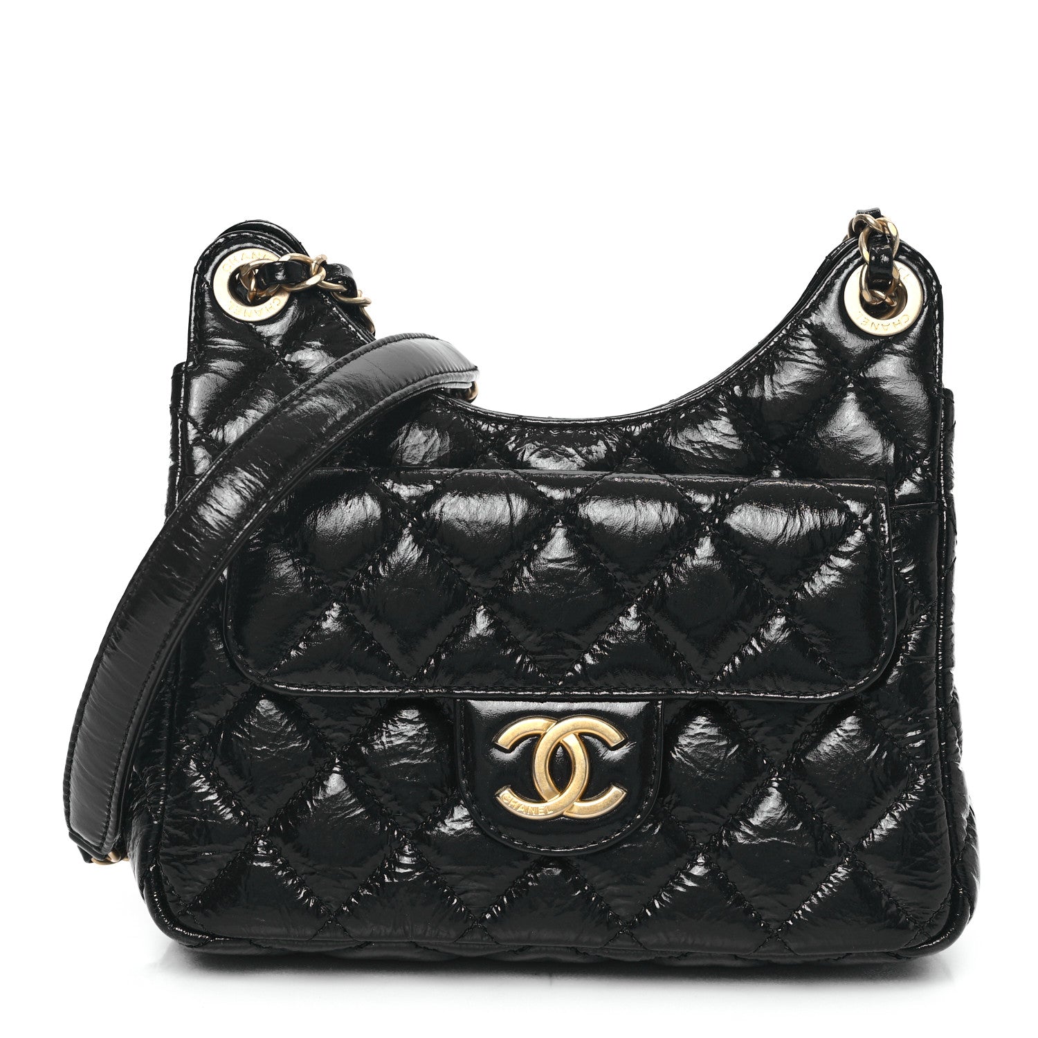 Chanel Shiny Crumpled Calfskin Quilted Small Wavy CC Hobo Black 1 of 11
