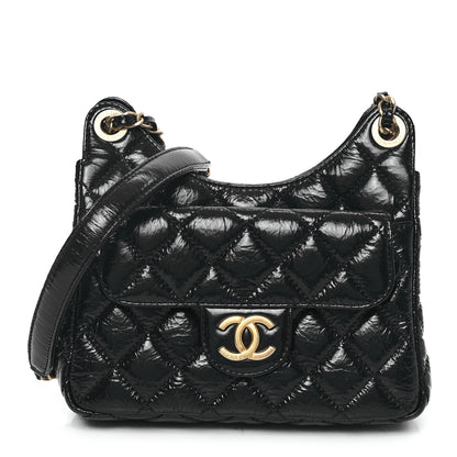 Chanel Shiny Crumpled Calfskin Quilted Small Wavy CC Hobo Black 1 of 11