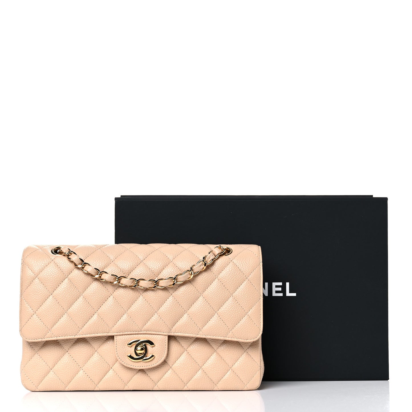 Caviar Quilted Medium Double Flap Beige Clair