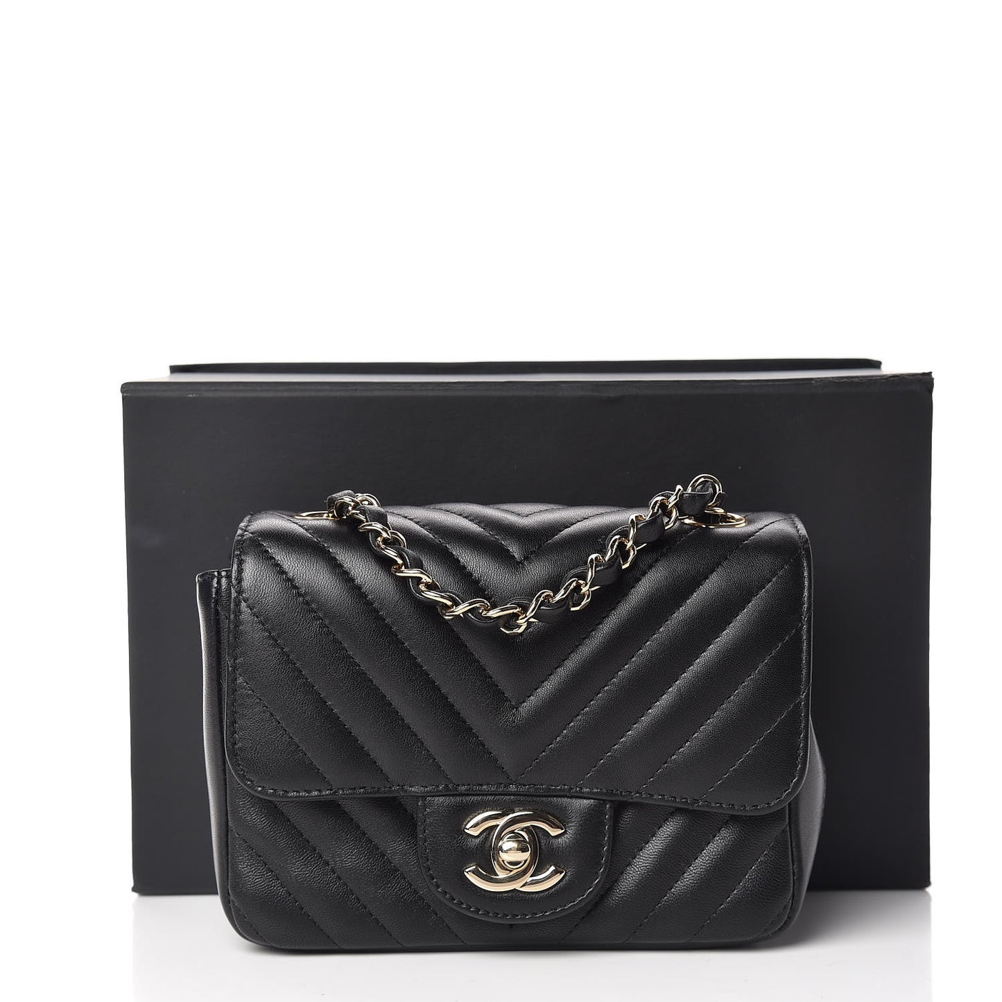 Lambskin Chevron Quilted Mini Square Flap Black